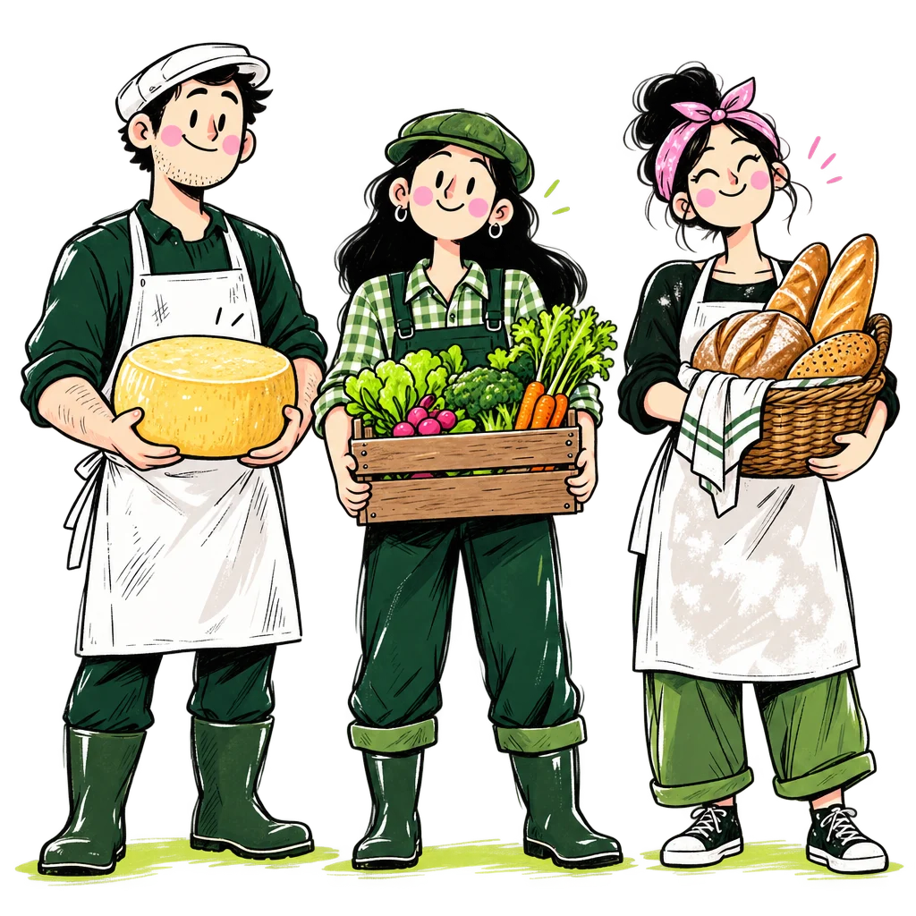 Drie getekende makers met kaas, groente en brood